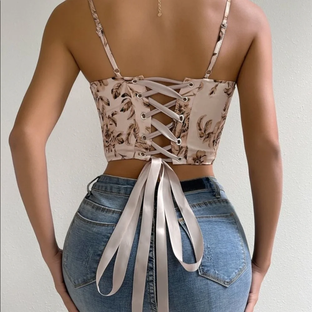 Boho Satin Floral Print Lace Up Bustier Corset Tube Crop Top Sexy - Picture 7 of 14